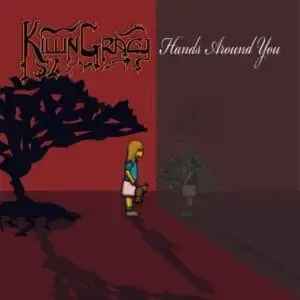 An illustrated album cover featuring a stylized female figure standing before a shadowy creature under a red and brown backdrop with the title 'Hands Around You' recorded in New Mexico by KillinGracy.
