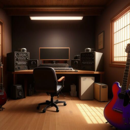 A home music studio in New Mexico with recording equipment, a computer, speakers, and an electric guitar. | MOON MUTT Recording Studio