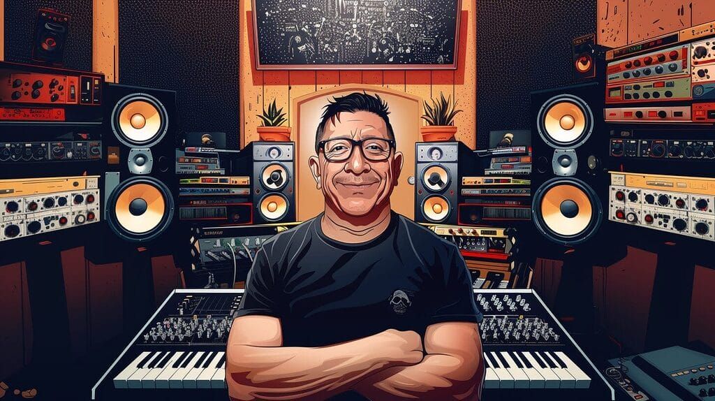 A man with glasses smiling at the camera, arms crossed, in a studio surrounded by various musical equipment and synthesizers. | MOON MUTT Recording Studio