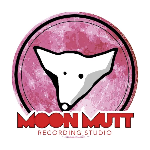 Logo of MOON MUTT Recording Studio featuring a stylized dog head inside a circular frame with a pink textured background, appealing to musicians.