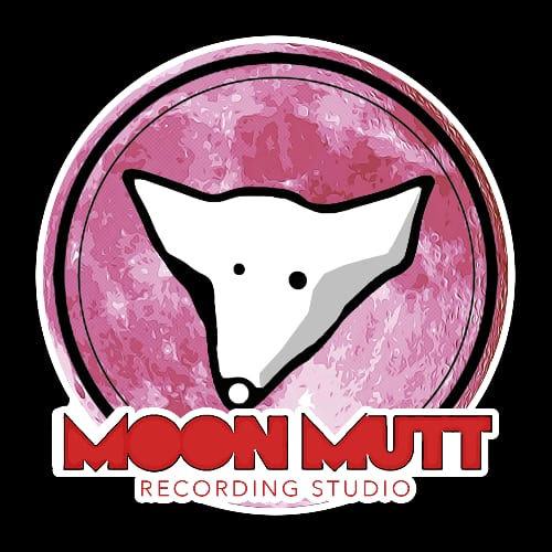 Logo of MOON MUTT Recording Studio featuring a stylized dog head inside a circular frame with a pink textured background, appealing to musicians.