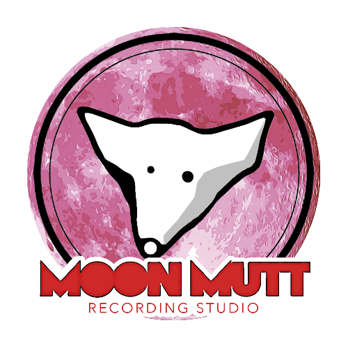 Logo of MOON MUTT Recording Studio featuring a stylized dog head silhouette on a textured pink and purple circular background, symbolizing music and creativity for musicians. | MOON MUTT Recording Studio